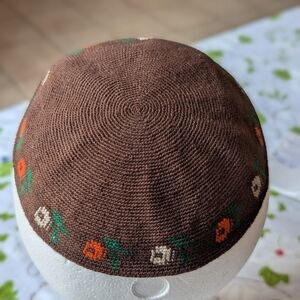 Brown Kippah with Roses In Orange& White. Hand Crafted. Made In Israel. Jewish.